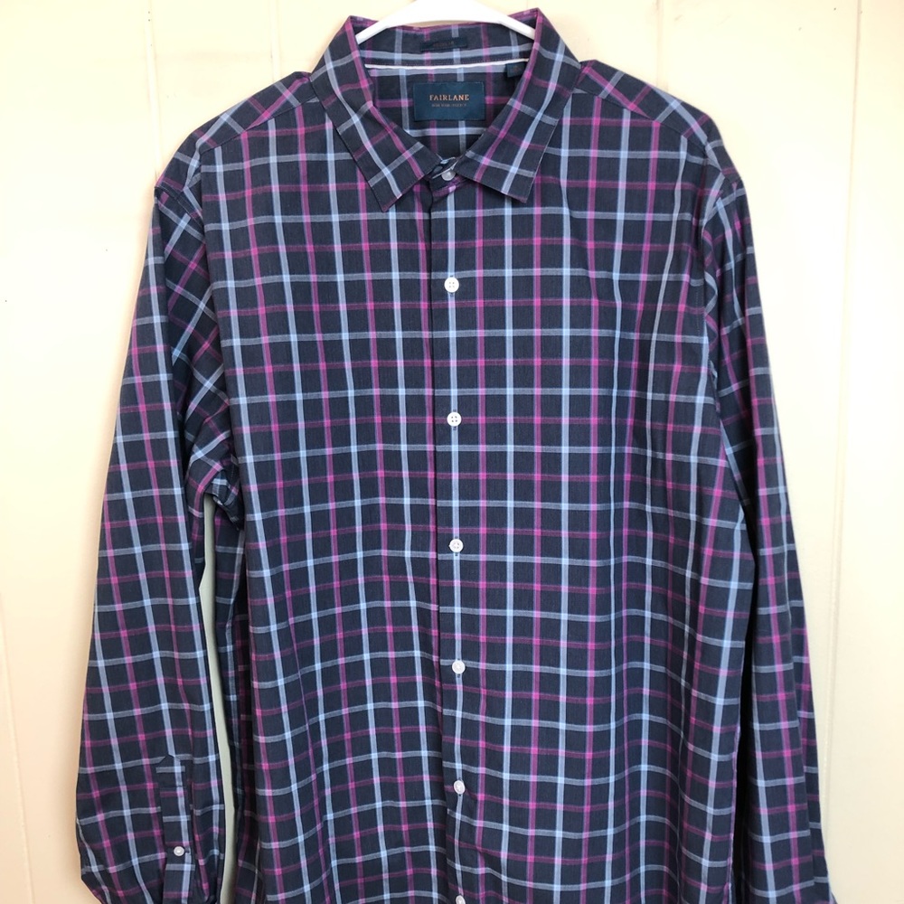 Fairlane Long Sleeve Buttondown Non-Iron Stretch Shirt Pink Grey Plaid Sz XL